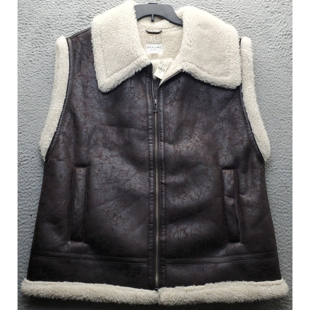 Aerie Faux Leather Vest Womensβ Large Brown Sherpa Lined Sleeveless Full Zipper